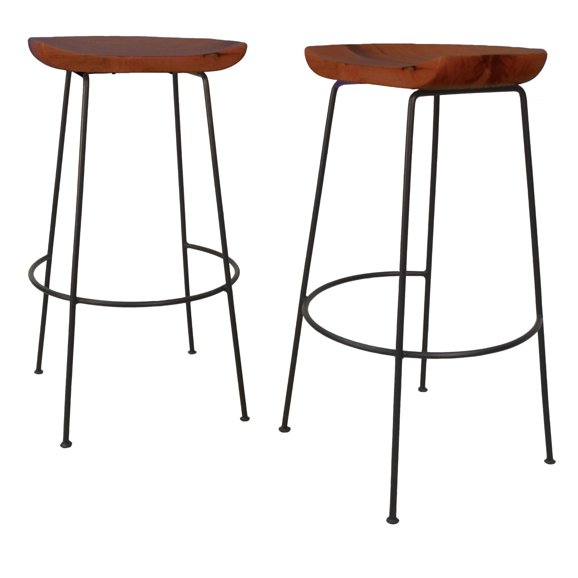 Chestnut Brown Mango Wood and Black Iron Bar Stools, Set of 2