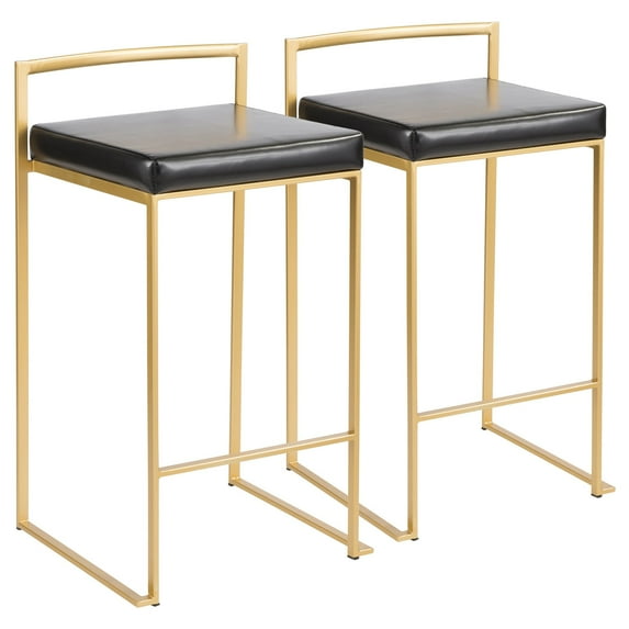 Contemporary Home Living Set of 2 Contemporary Barstools in Brushed Gold and Black Faux Leather 31"