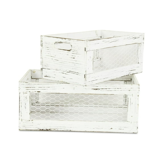 Contemporary Home Living Set of 2 Distressed Crate with Chicken Wire Sides 16.5"