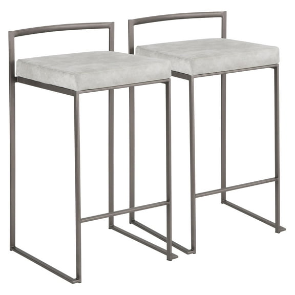 Contemporary Home Living Set of 2 Industrial Counter Stools in Cowboy Grey Faux Leather and Antique