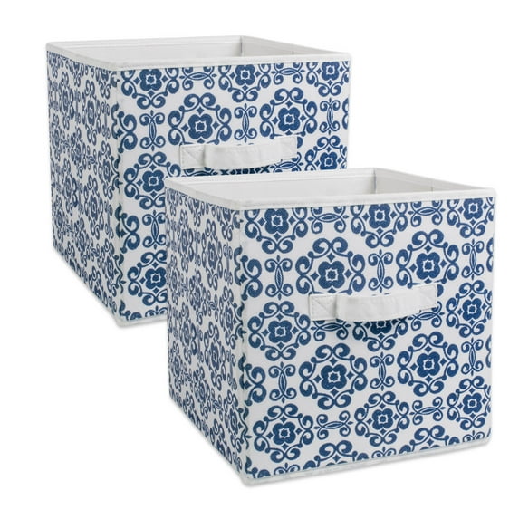 Contemporary Home Living Set of 2 Nautical Blue Nonwoven Polyester Cube Storage Bin with Scroll