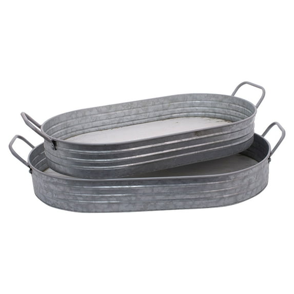 Contemporary Home Living Set of 2 Pewter Gray Oval Galvanized Trays