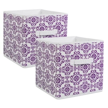 Contemporary Home Living Set of 2 Purple and White Nonwoven Polyester Cube Storage Bin with Scroll