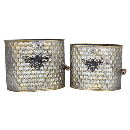 Contemporary Home Living Set of 2 Silver and Gold Honeycomb Bee Buckets with Handles