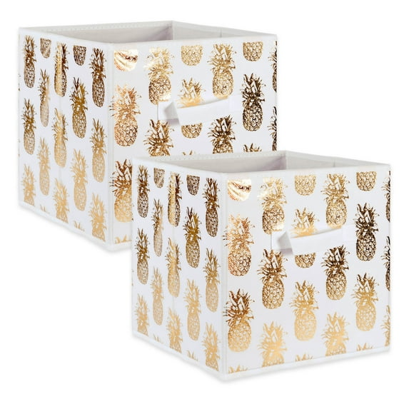 Contemporary Home Living Set of 2 White and Gold Nonwoven Polyester Cube Storage Bin with Pineapple