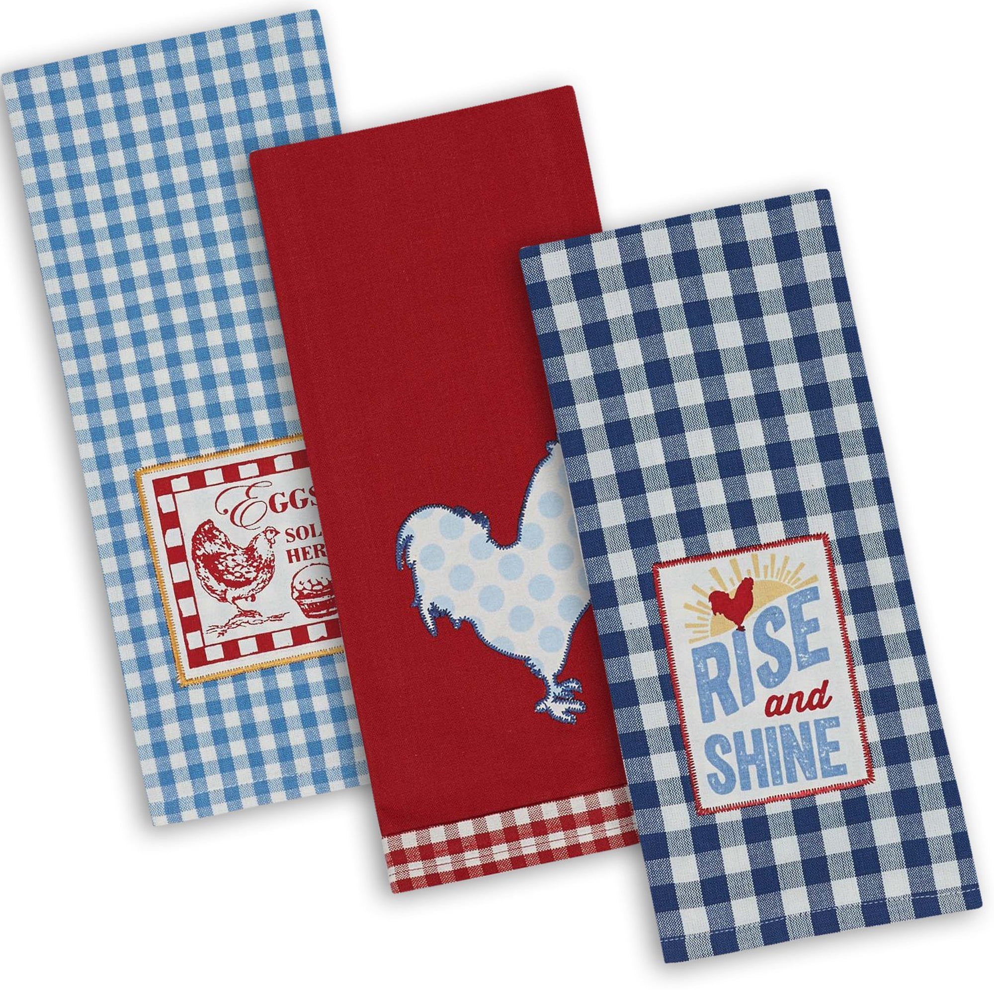 Set of 3 Red and Blue Cotton Embroidered Dishtowels