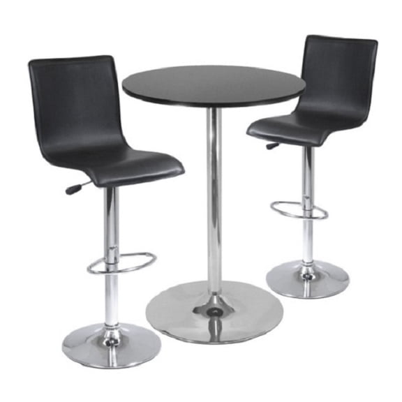Contemporary Home Living Set of 3 Black Round Pub Table and L-shape Leather Adjustable Swivel