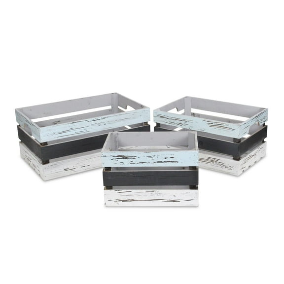 Contemporary Home Living Set of 3 Black and White Distressed Finish Rectangular Slatted Crates