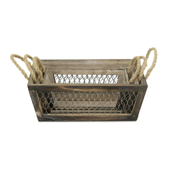 Contemporary Home Living Set of 3 Brown Distressed Taper Handmade Storage Crates with Wire Panels