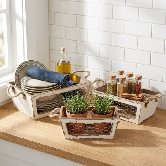 Contemporary Home Living Set of 3 Distressed Taper Storage Baskets with Wire Panels 12.5"