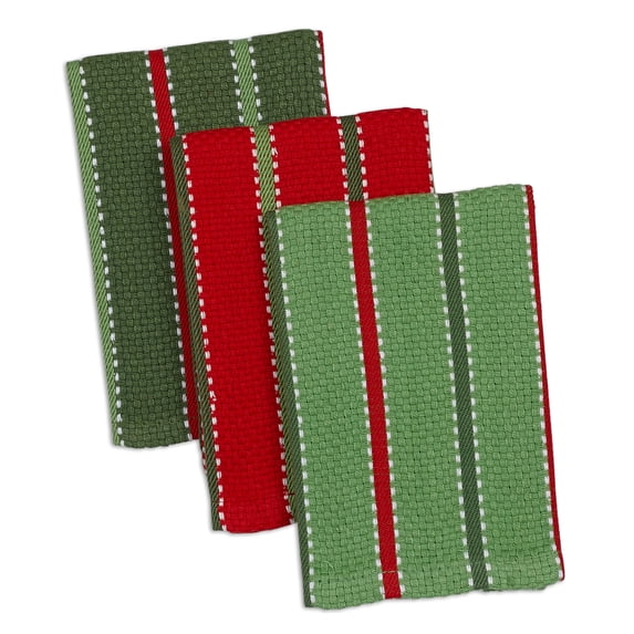 Contemporary Home Living Set of 3 Fern Green and Red Rectangular Striped Dishcloth 28"