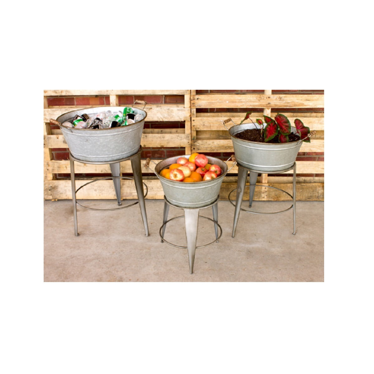 Contemporary Home Living Set of 3 Gray Round Galvanized Metal Tubs