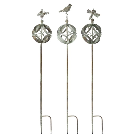 Contemporary Home Living Set of 3 Gray Standing Garden Stake with Butter Fly, Bird and Dragon Fly