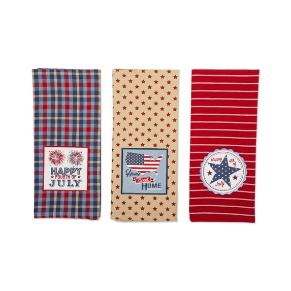 Contemporary Home Living Set of 3 Red and Navy Blue Happy 4th of July Embroidered Dishtowels 28"