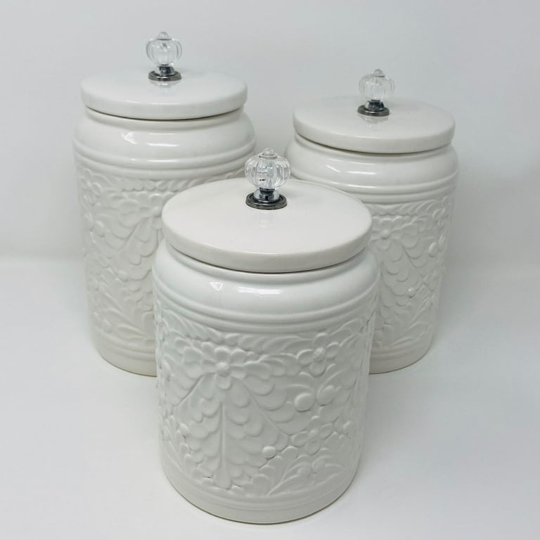 Kitchen Counter Canister Set Ceramic White Dry Food Storage Vine Floral  Design