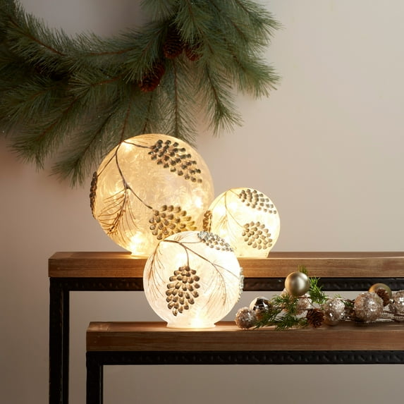 Contemporary Home Living Set of 3 White and Brown LED Pine Cone Glass Snow Globe with Battery