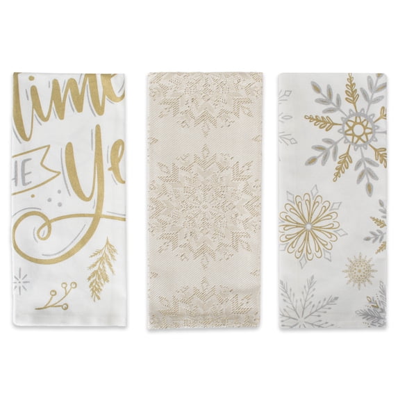 Contemporary Home Living Set of 3 White and Gold Christmas Themed Rectangular Dishtowels 28"