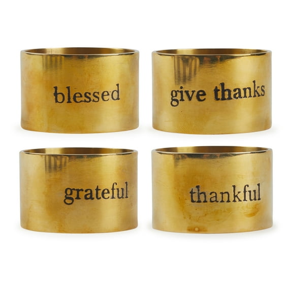 Contemporary Home Living Set of 4 1.5" Gold and Black Assorted Always Grateful Stamped Napkin Rings