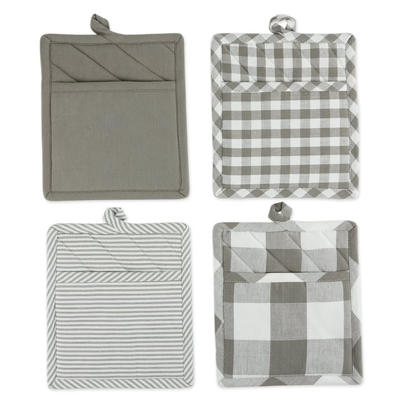 Contemporary Home Living Assorted Quilted Cotton Kitchen Potholders - 9" - Gray and White - Set of 4