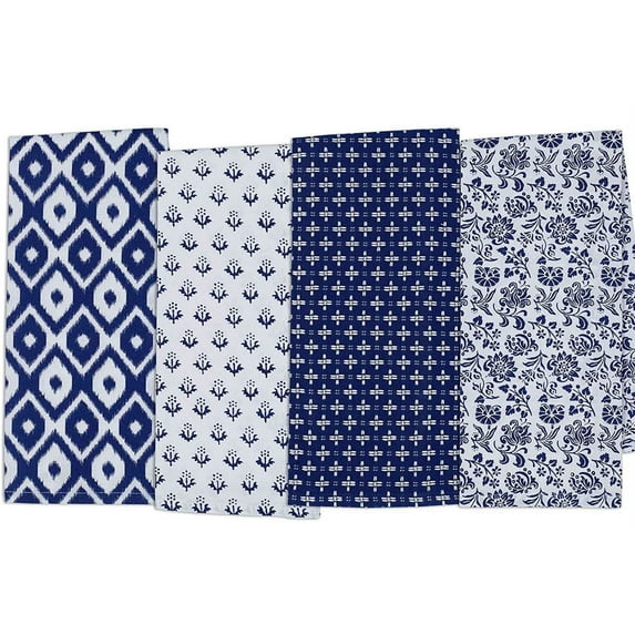Contemporary Home Living Floral Damask Cotton Kitchen Dish Towels - 28" - Blue and White - Set of 4