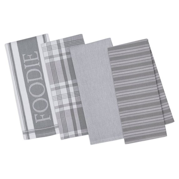Contemporary Home Living Foodie Plaid and Stripes Cotton Kitchen Dish Towels - 28" - Granite Gray -