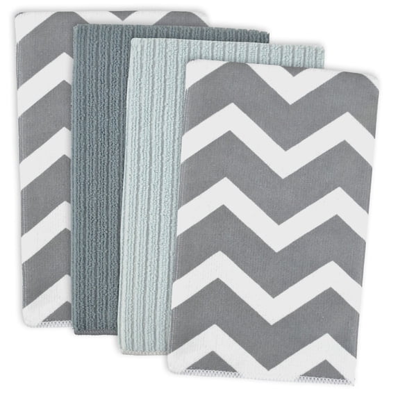 Contemporary Home Living Set of 4 Gray and White Chevron Rectangular Dishtowels 19"