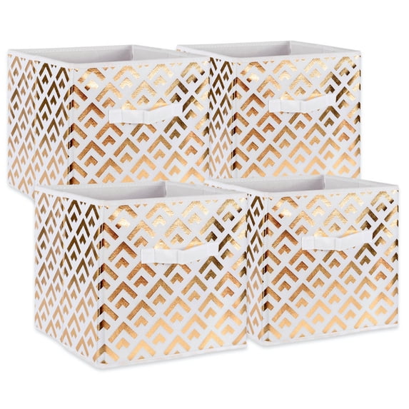 Contemporary Home Living Set of 4 White and Gold Nonwoven Polyester Cube Storage Bin with Double