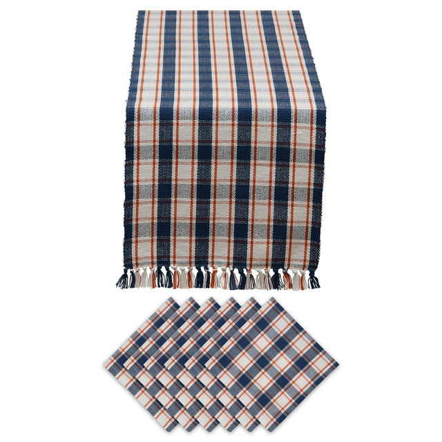 Contemporary Home Living Set of 6 Blue Beige and Orange Table Napkin And Plaid Table Runner72"