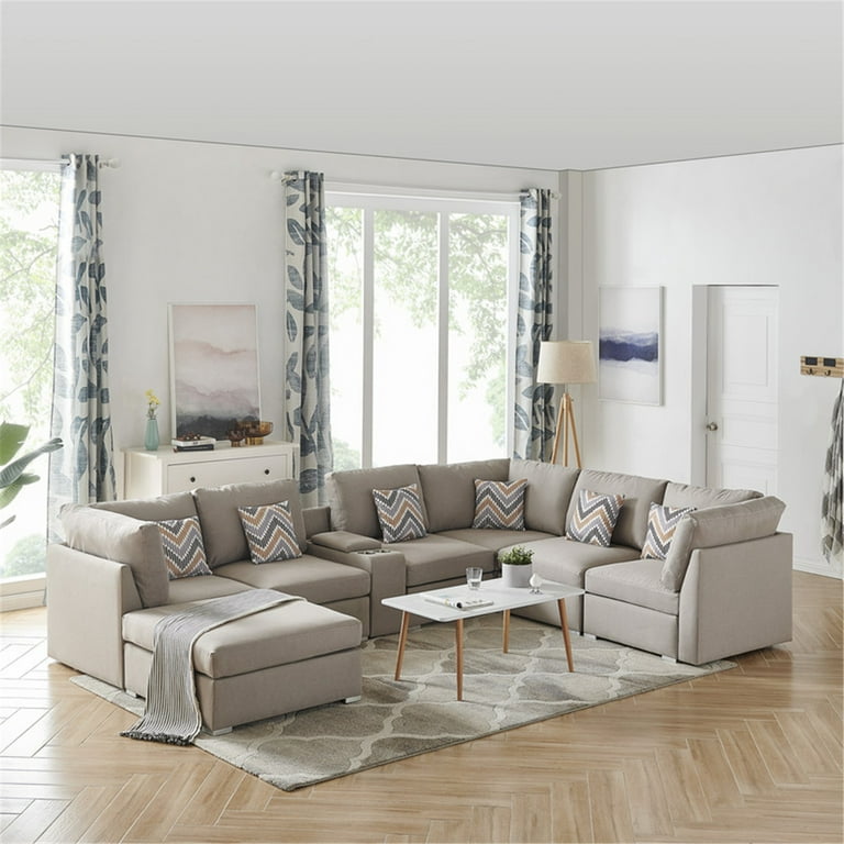 Contemporary Home Living Set of 8 Tan Beige Reversible Sectional Sofa with USB Console and Ottoman