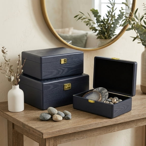 Contemporary Home Living Shagreen Retangular Nesting Boxes with Handles - 13.25" - Navy Blue - Set