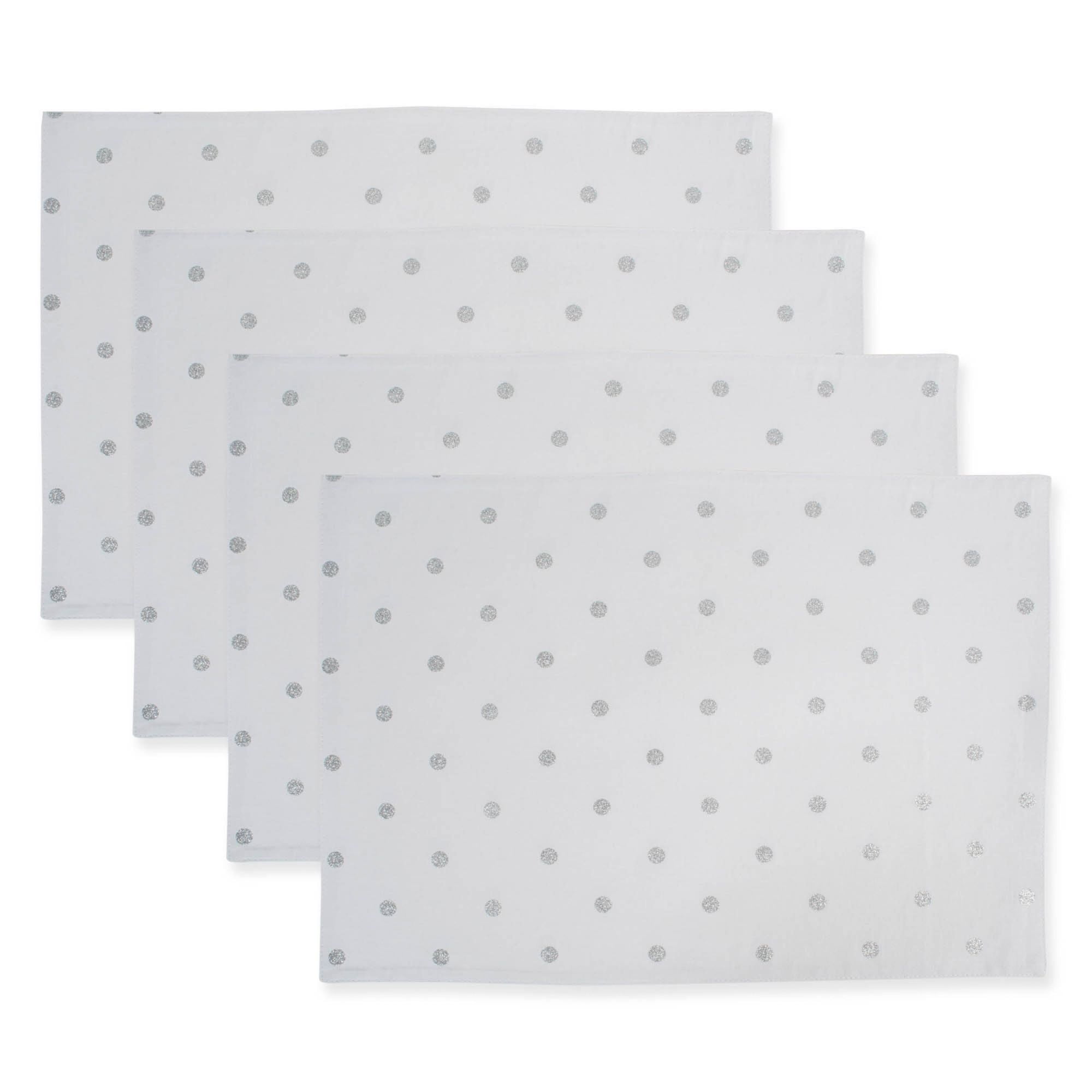 Set of 4 White and Silver Cotton Polka Dot Placemats - 19"