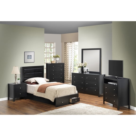 Contemporary Home Living Solid Padded Upholstered Panel Twin Bed with Drawers - 81" - Black