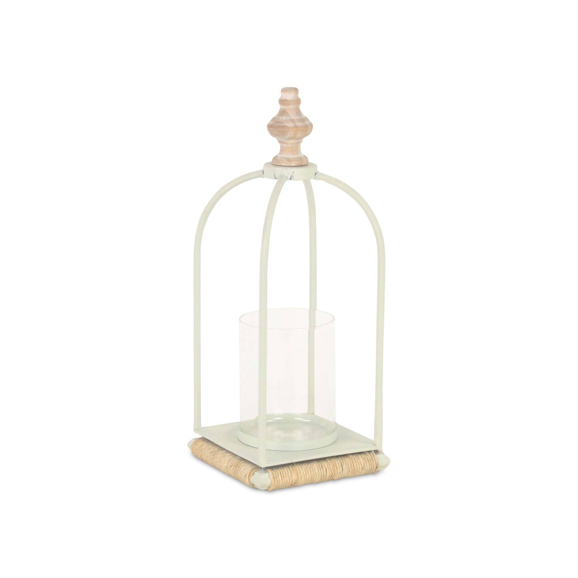 White Wood and Metal Tabletop Candle Lantern with Glass Holder
