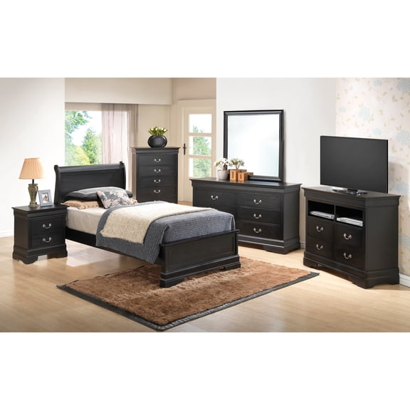 Contemporary Home Living Solid Wooden Rectangular Twin Panel Bed - 84" - Black