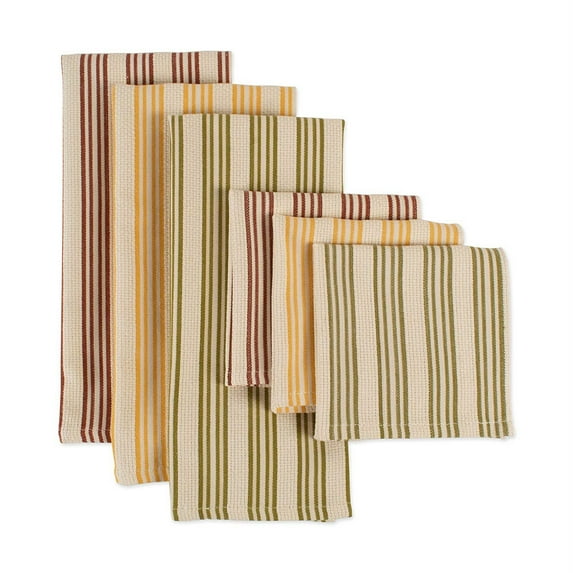 Contemporary Home Living Striped Dishtowel and Dishcloths - 28" - Maroon and Green - Set of 6