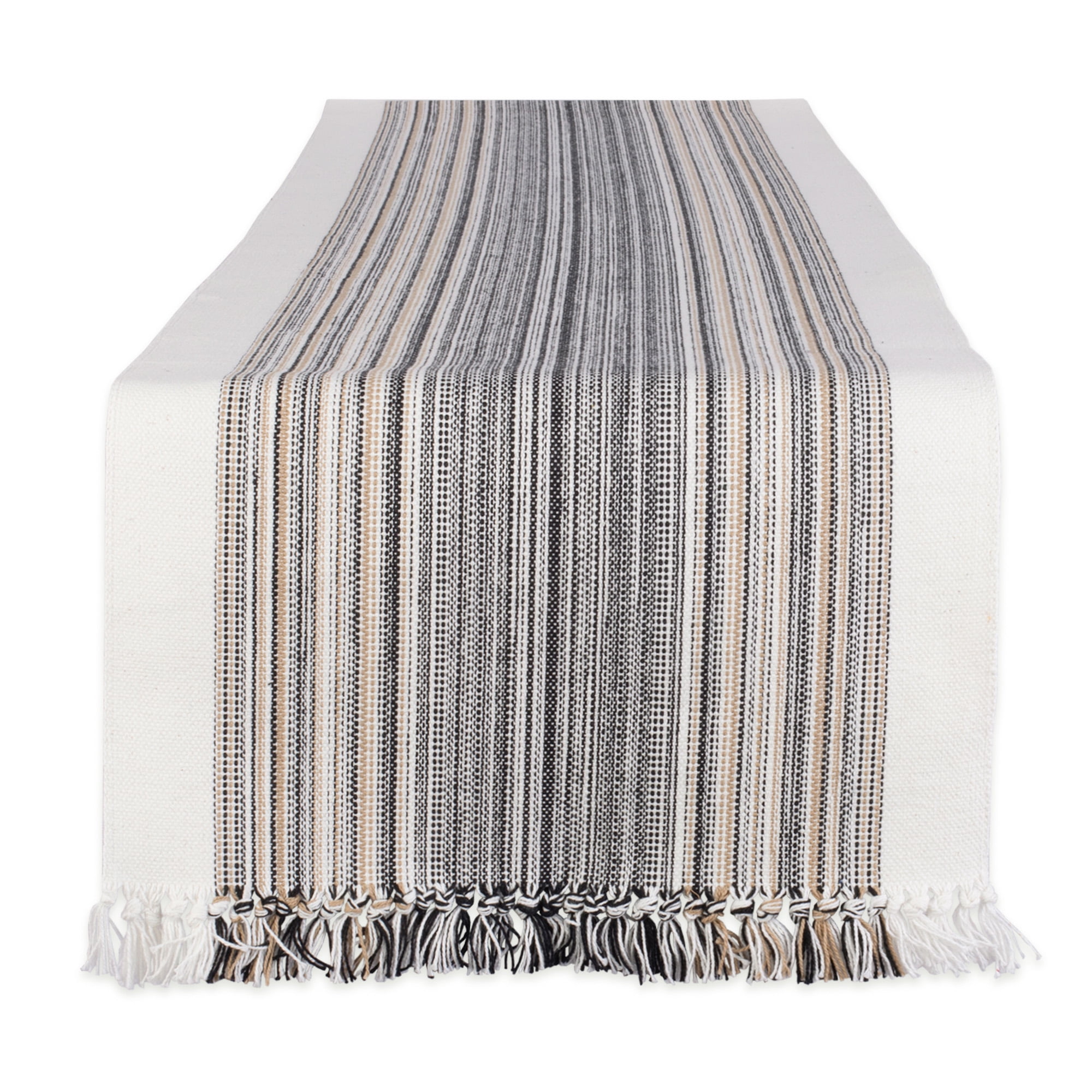 Black, Beige, and White Cotton Striped Table Runner with Tassels