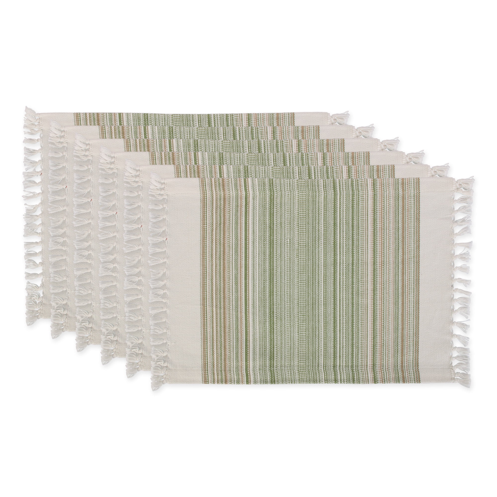 Set of 6 Green and Beige Cotton Striped Placemats with Tassels