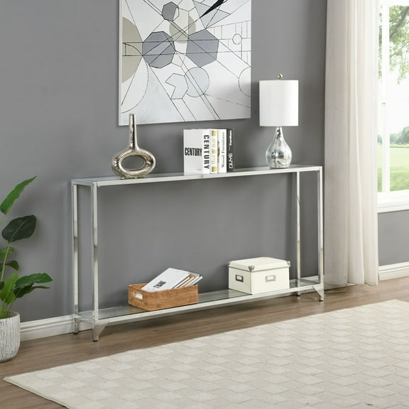 Contemporary Home Living Tempered Glass Console Table - 56" - Clear and Chrome Finish