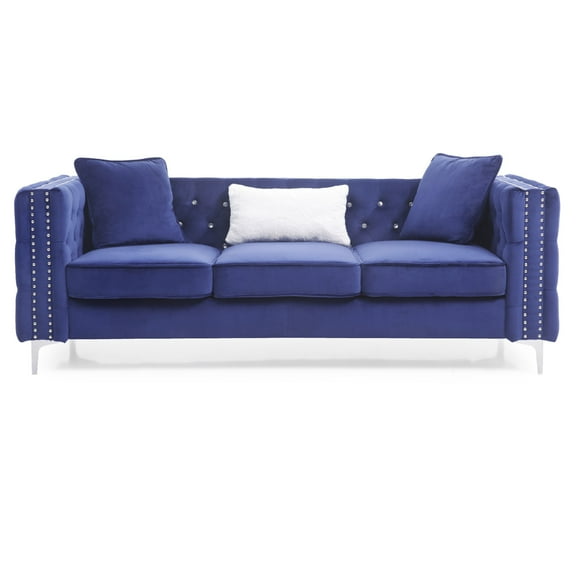 Contemporary Home Living Tufted Faux Diamond Button Velvet 3-Seater Sofa with Throw Pillows - 86" -