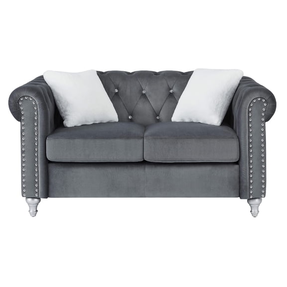 Contemporary Home Living Tufted Faux Jewel Velvet 2-Seater Sofa with Throw Pillows - 60" - Gray