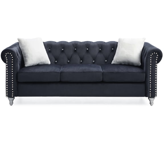 Contemporary Home Living Tufted Faux Jewel Velvet 3-Seater Sofa with Throw Pillows - 83" - Black