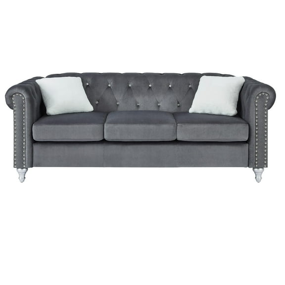 Contemporary Home Living Tufted Faux Jewel Velvet 3-Seater Sofa with Throw Pillows - 83" - Gray