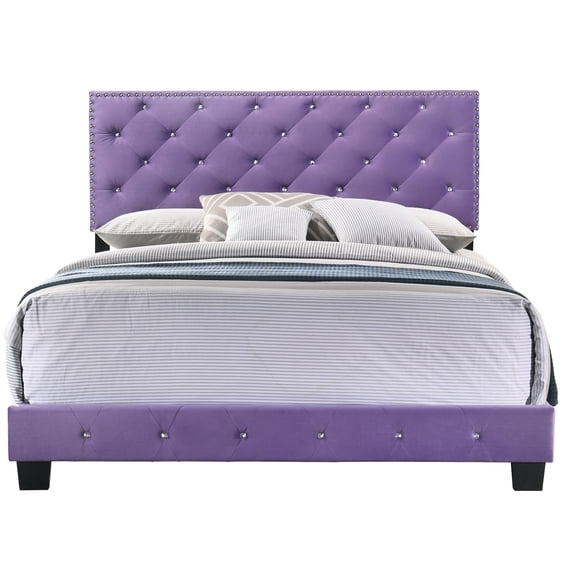 Contemporary Home Living Tufted Faux Jewel Velvet Upholstered Queen Panel Bed - 83" - Purple