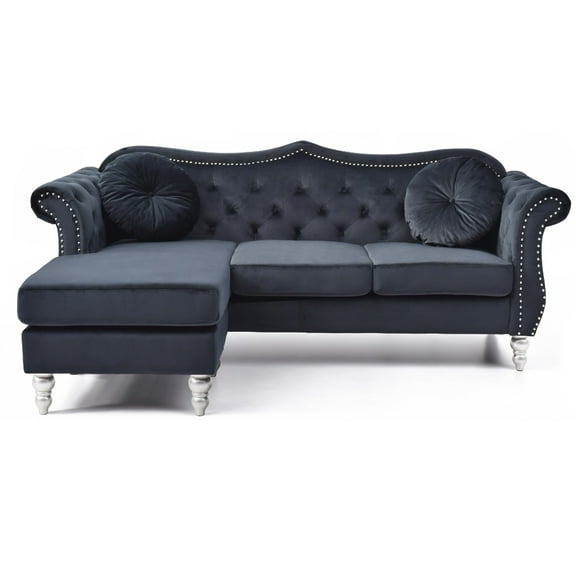 Contemporary Home Living Tufted Velvet Chesterfield Sectional Sofa with Throw Pillows - 81" - Black