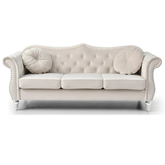 Contemporary Home Living Velvet Tufted Chesterfield 3-Seater Sofa with Throw Pillows - 82" - Beige
