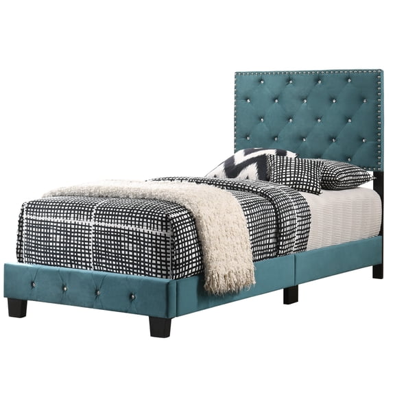 Contemporary Home Living Velvet Upholstered Twin Tufted Panel Bed - 77" - Green