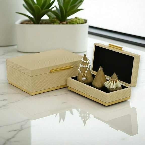 Contemporary Home Living Weaved Rectangular Nesting Boxes - 11.75" - Taupe Brown and Gold - Set of 2