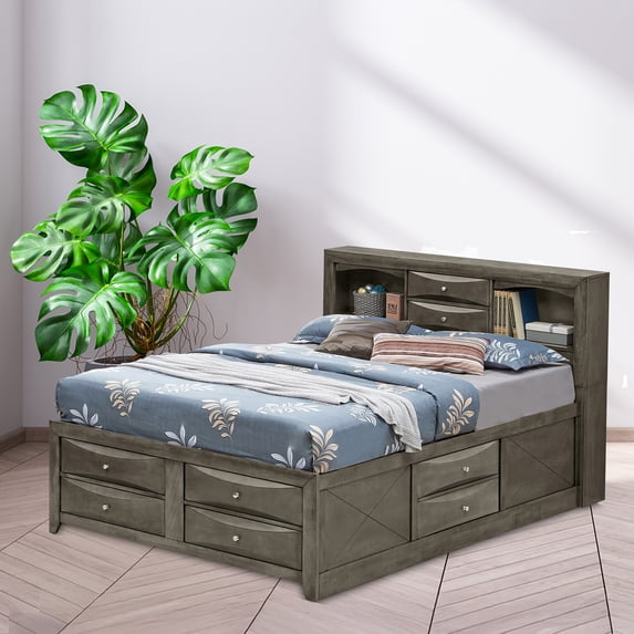Contemporary Home Living Wooden Panel Full Bed with Drawers and Shelves - 87" - Gray