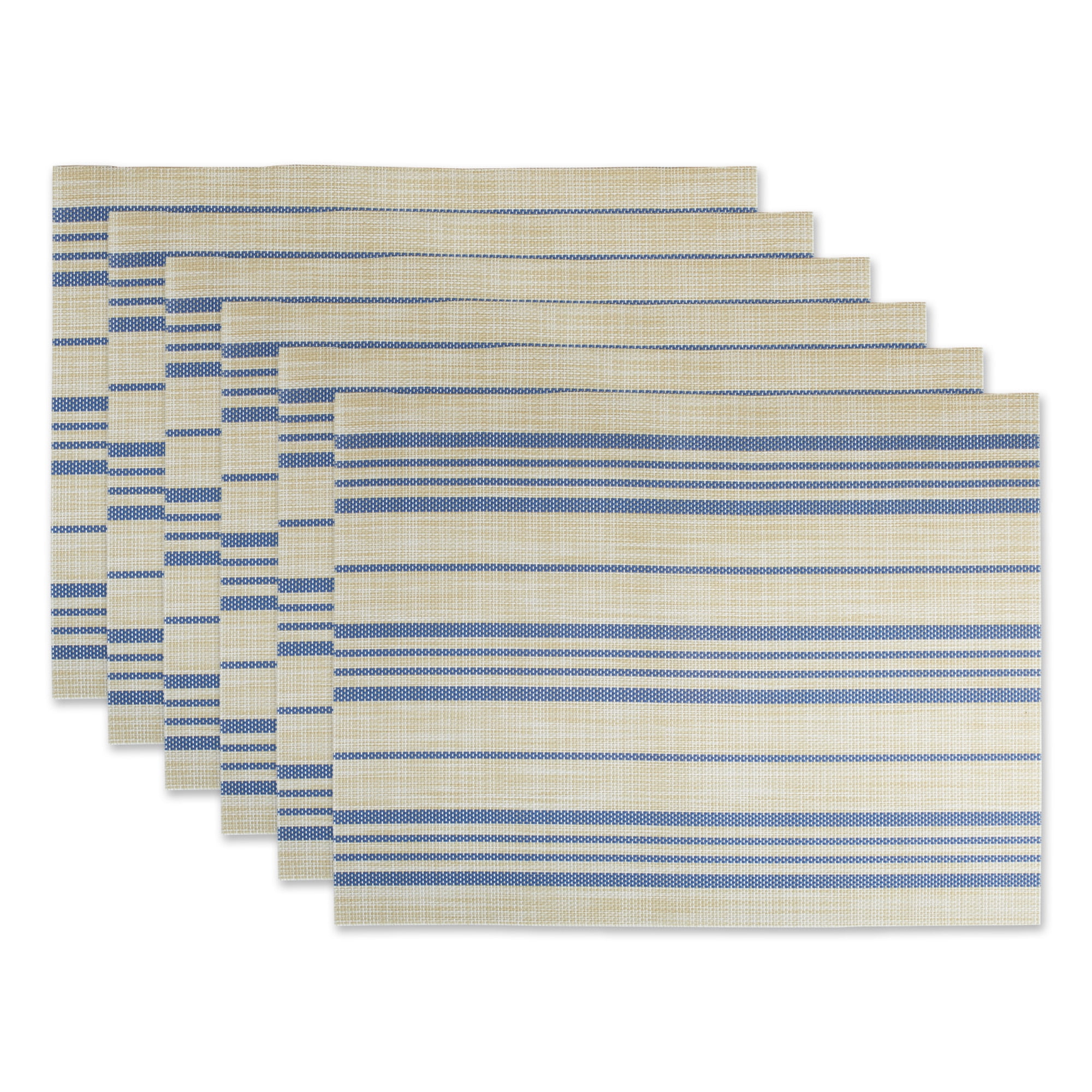 Tan and Blue Woven Polyester Striped Placemats Set of 6