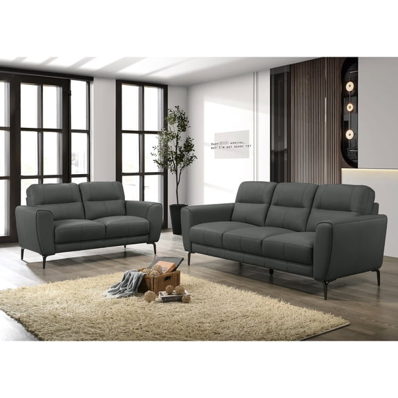 Contemporary In Anthracite Gray Leather With Horizontal Tufting, Legs And Comfortable Seating Leather: Cushions, Robust Foundation